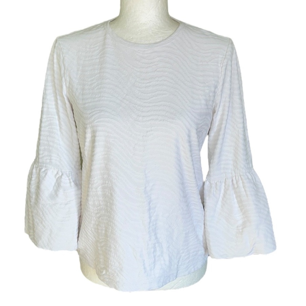 J. McLaughlin White Textured Animal Striped Bell Sleeve Top - S